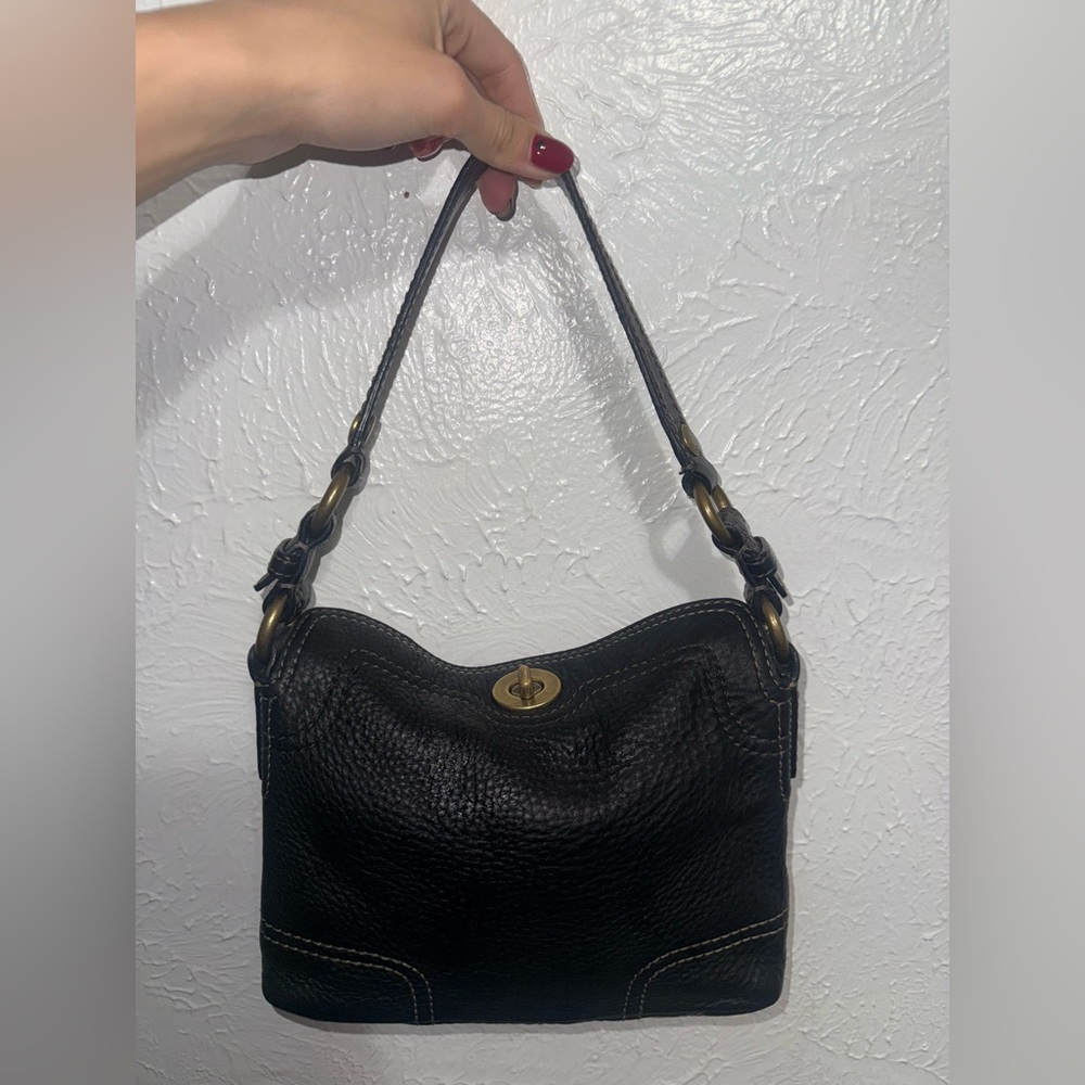 Coach Black Pebbled Leather Shoulder Bag with Gold Accents